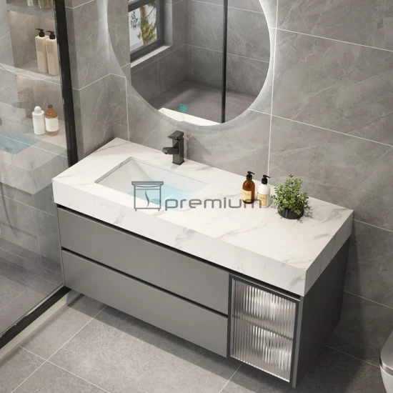 Espejo retroiluminado con LED de diseño moderno de lujo, 1000mm de ancho, lavabo de cerámica con tapa de piedra sinterizada, mueble de tocador de baño de madera