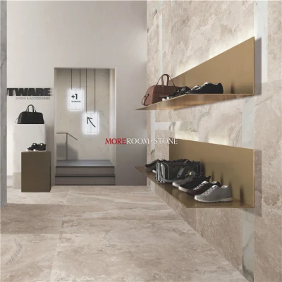 Azulejo de porcelana beige esmaltado de gran formato que parece travertino